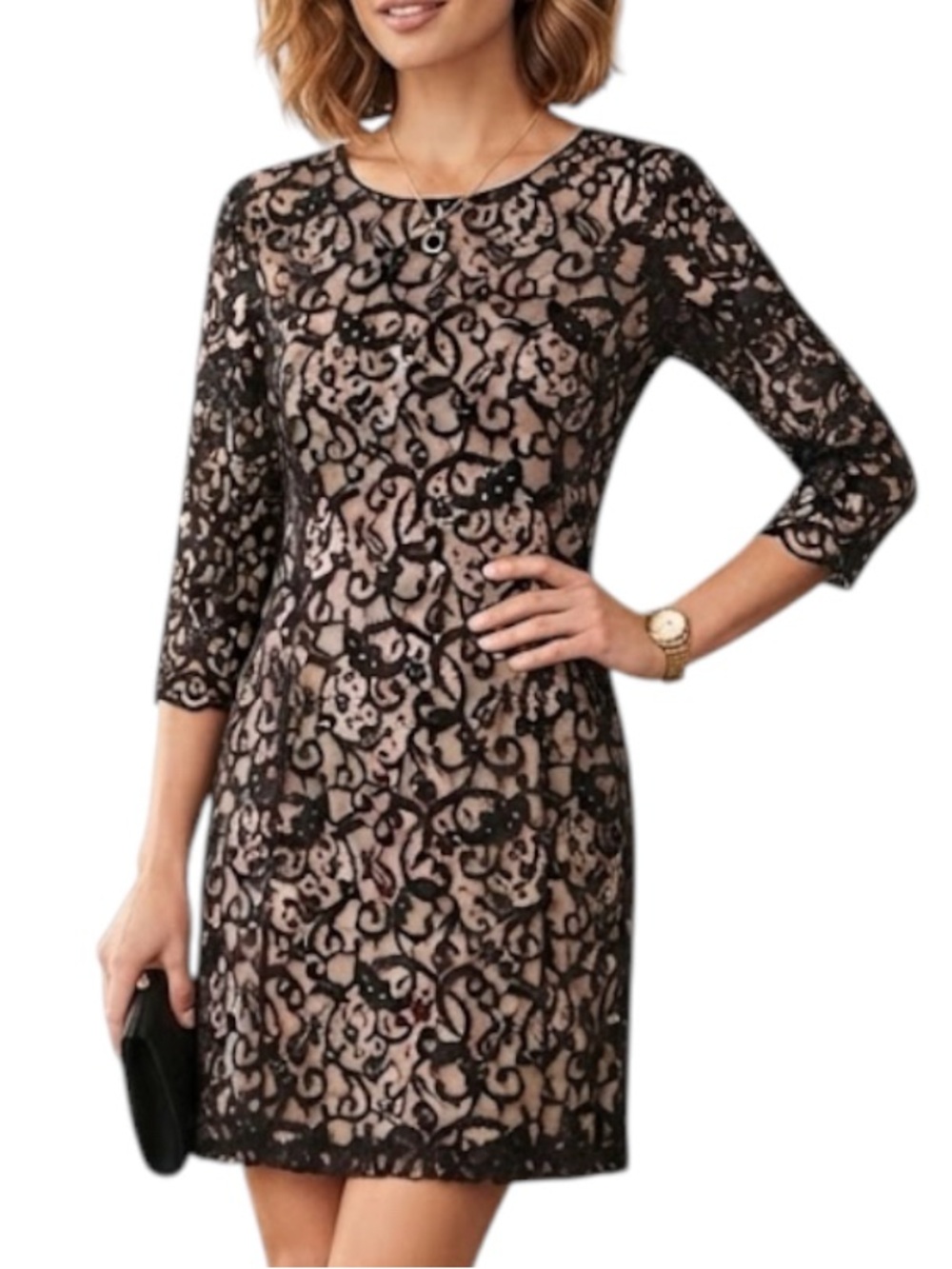 H&M Wedding Cocktail Coquette Black Lace Overlay Dress Nude Lining 3/4 Sleeve S